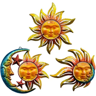 J-Fly Sonne Metall Wandkunst Dekor Im Freien,Sonne Mond Stern,Metall Glas hängende Wanddekoration für Wohnzimmer Schlafzimmer Badezimmer Garten Terrasse Veranda Zaun Balkon,3 Stück, 23 cm