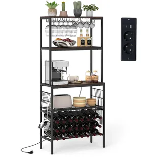 FANTASK Küchenregal Metall mit Steckdose, Standregal mit 3 Ablagen & 8 Haken & Glashalterung, Weinregal für 24 Flaschen, Mikrowellenregal für Küche, Wohnzimmer, Bar (Schwarz)