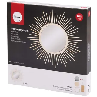 Rayher 62916000 Bastelset Sonnenspiegel mit Holzstrahlen, klein, Gesamtdurchmesser 32 cm, Spiegel 15 cm Ø, Wandspiegel, Dekospiegel, Natur, Beige
