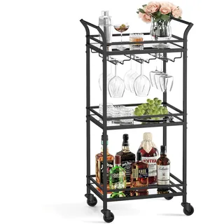 VASAGLE kleine Servierwagen, Rollwagen, verspiegelte Glasablagen, schwarz - Schwarz