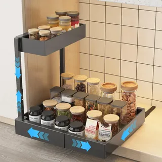 Ornestia Unter Waschbecken Regal, Ausziehbar & Höhenverstellbar Spülenunterschrank Organizer, 2 Etagen Metall Unterschrankregal für Küche & Bad, Gewürzregal Schwarz