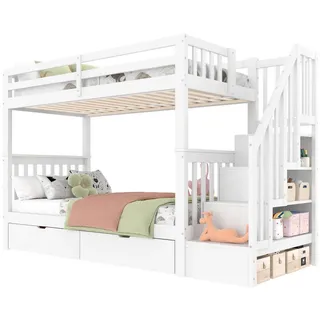 Redom Etagenbett 90/200 cm mit Treppenregal, 2 Schubladen und hohem Geländer aus Kiefernholz und Mdf, Weiß , Holz , 90x200 cm , Babymöbel & Kindermöbel, Kinderzimmer & Jugendzimmer, Stockbetten
