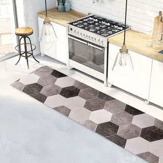 CREARREDA Teppich Läufer - Küchenläufer 180x50 cm Graue Sechsecke Vinyl rutschfest und waschbar Küchenläufer aus Vinyl, 100% Made in Italy Tepiche für Wohnzimmer, Küche