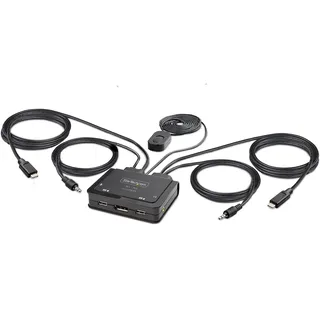 Startech StarTech.com 2-Port USB-C Kabel KVM Switch, 4K 60Hz DisplayPort Ausgang, Mini KVM Switche mit 2m USB Typ-C/Audio Int.Kabeln, Bus Powered, Ferntaste/Hotkey Laptop KVM Umschalter (C2-D46-UC2-CBL-KVM) Kvm-switch - Black