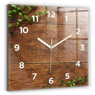 Wallfluent Wanduhr – Stilles Quarzuhrwerk - Uhr Dekoration Wohnzimmer Schlafzimmer Küche - Zifferblatt - weiße Zeiger - 30x30 cm - Rustikales Holz - Braun