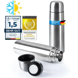Edelstahl Thermosflasche mit Becher; Thermoskanne Doppelwandige Isolierkanne; Auslaufsicher, Spülmaschinenfest & BPA-frei; hält Getränke heiß & kalt (Silber, 500 ml)
