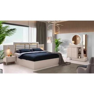 Schlafzimmer-Set 5tlg Modern Beige Farbe Bett Nachttische Schminktisch Spiegel - Beige
