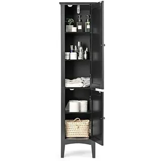 FANTASK Badezimmerschrank mit 5 Fächern, 2 Lamellentür & Regalen & Kippsicherung, 37 x 37 x 160cm (Schwarz)