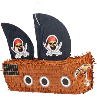 Relaxdays Pinata Piratenschiff, zum Aufhängen, für Kinder, Jungs, Geburtstag, zum selbst Befüllen, Piraten Piñata, bunt