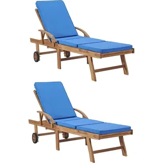 The Living Store Sonnenliegen mit Auflagen 2 Stk. Massivholz Teak Blau - Blau