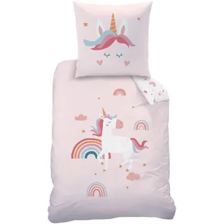 MTOnlinehandel Unicorn Bettwäsche Kinderbettwäsche Jugendbettwäsche 135x200 · Regenbogen Einhorn Emma · Wende Motiv · Kissenbezug 80x80 + Bettbezug 135x200 cm · 100% Baumwolle