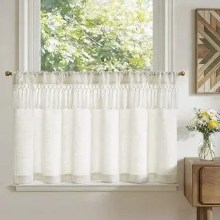 TOPICK Scheibengardinen Küche Beige Spitzenborte Leinen Bistrogardine mit Tunnelzug Volant für Wohnwagen kinderzimmer Landhausstil Shabby Chic Gardinen Kurz Lichtdurchlässig 1er Set 125Bx60H cm