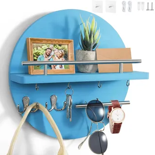 Dxiunove Schlüsselboard Vintage Holz mit Ablage Schlüsselbrett Rund Schlüsselhalter für Zuhause Dekorative Wandmontage Schlüsselbrett mit Vintage Charme(Blau)