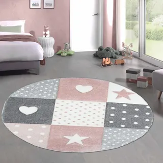 CARPETIA Kinderteppich Rund Herz-Stern-Muster Rosa Creme Grau Ø 120 cm | Weich, pflegeleicht, strapazierfähig und allergikergeeignet, handgeschnittene 3D-Optik, OEKO-TEX geprüft, schadstofffrei