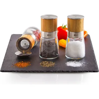 AdHoc Geschenk Set Salzmühle, Pfeffermühle, Chilimühle Akasia, Meersalz, schwarzer Pfeffer und Chilischoten inklusive, Glas | Edelstahl | Holz