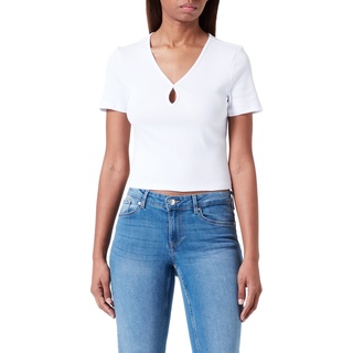 Noisy may Damen Kurzes RIPP Oberteil Slim Fit T-Shirt mit Cut-Out V-Ausschnitt Kurzarm Top NMMAYA, Farben:Weiß-2, Größe:XS