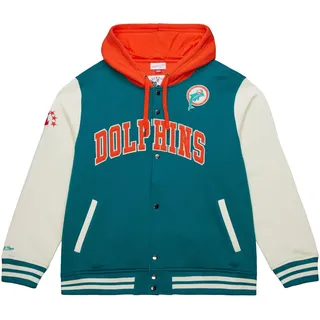 Mitchell & Ness Courtside Fleece NFL Vintage College Jacke mit Kapuze - Miami Dolphins, Größe 2XL, Druckknopf Verschluss, Herren, Frauen, Kinder, Unisex, Frühling, Sommer, Herbst, Winter