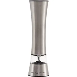 Cole & Mason Burford Salz und Pfeffermühle Elektrisch, Edelstahl Elektrische Gewürzmühle, Keramikmahlwerk, Einstellbarem Mahlgrad, Batteriebetriebene Salzmühle, Pfeffermühle 18 cm