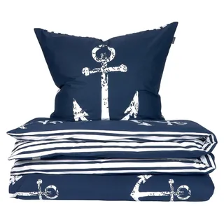 SCHIESSER Bettwäscheset Marina | Maritim | Renforcé | 2-teilig | 100% Baumwolle | Angenehm weich & glatt | YKK-Reißverschluss | 155x220 cm + 80x80 cm | Dunkelblau - Dunkelblau, Weiß
