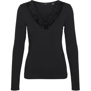VERO MODA Damen Bluse Slim Fit V-Ausschnitt Spitzen-Detail Basic Langarm