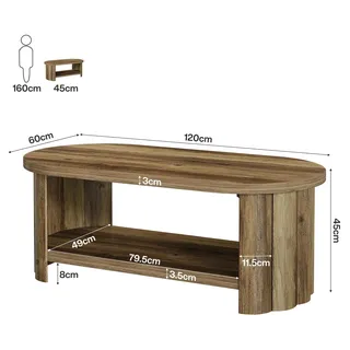 Ovaler Couchtisch - Wohnzimmertisch 120 cm - 2-stöckig mit Ablage - Landhaus Holzdesign - Stabiles Doppelfußgestell - Für Wohnzimmer und Schlafzimmer - Kaffeebraun