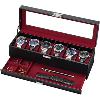 Lolalet 6 Slot Uhrenbox mit Glasdeckel Schmuckkästchen für Herren | Uhren Schmuck Box, PU Leather herausnehmbaren Uhrenkissen, leicht zu reinigen