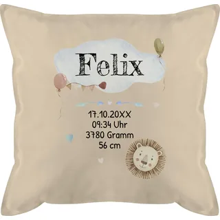 Kissen 50x50 - Geburtsgeschenk Baby Geschenk zur Geburt Junge Löwe - 50 x 50 cm - Beige Natur - Geschenke Neugeborene geburtskissen neugeboren Name kopfkissen personalisiertes babygeschenke