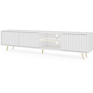 Selsey TV Schrank Board Sideboard Fernsehtisch Fernsehschrank Mit Lamellen Und LED Beleuchtung 175 cm Goldene Beine Weiß Bello