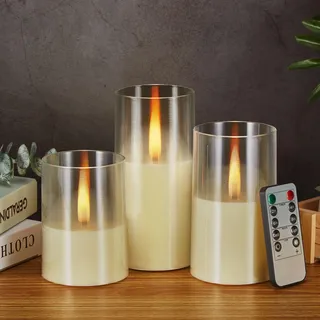 IMAGE flammenlose LED Kerzen mit springenden warmen gelben Flammen, Upgraded flackernde led kerzen Set batteriebetrieben mit Fernbedienung Timer, 3 Größe Acryl-Kerzen (D 3„ x H 4“ 5„ 6“), Weiß
