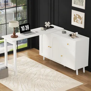 Flieks Schreibtisch Drehbar, Computertisch Eckschreibtisch mit Kommode, Tisch mit Sideboard, Frisiertisch Ecktisch Beistelltisch mit Schrank, Weiß - Weiß