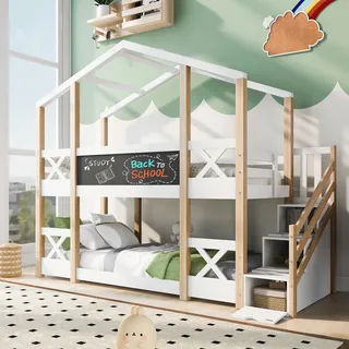 Merax Etagenbett 90x200cm mit Rausfallschutz und Treppe inkl. 3 Schubladen, Kieferholz Hochbett Hausbett Kinderbett für 2 Kinder - Weiß, Naturbelassen