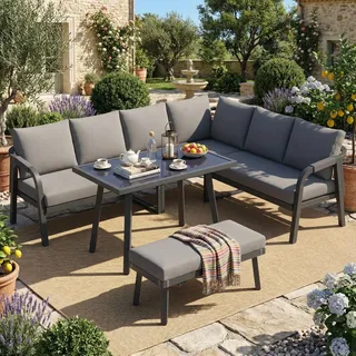Garten-Essgruppe für 8 Personen, Korbmöbel-Sitzgruppe mit Esstisch und einer Bank, verzinkte Stahlrohre, Sitzgruppe für den Außenbereich, Grau - Grau