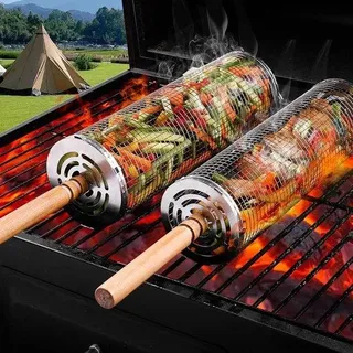 Grillset mit Holzgriff - 2er Set - Camping Outdoor Grillzubehör - Gemüse Fisch Fleisch - Grillgabel Grillzubehör