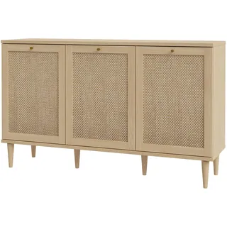 FORTE Calasetta Kommode 150 cm Boho Stil Wiener Geflecht Sideboard mit 3 Türen Holz Dekor: Elegancia Eiche/Technorattan, 150 cm breit x 90 cm hoch x 41 cm tief