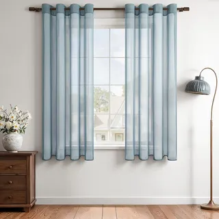 MRTREES Voile Gardinen Vorhang halbtransparent kurz mit Ösen in Leinenoptik Stores Gardinen Schals für Wohnzimmer Schlafzimmer Kinderzimmer Dunkelblau 137×140cm (H×B) 2er Set