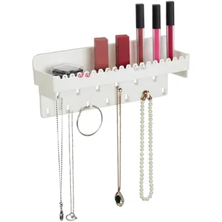 Relaxdays Schmuckhalter Wand, für Ketten, Ohrringe & Armbänder, Kettenhalter mit Ablage, HxBxT: 12 x 30 x 8 cm, weiß