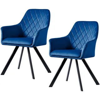 Svita Mason 2er Set Esszimmerstuhl mit Armlehne Polsterstuhl Küchenstuhl Wohnzimmerstuhl Metallbeine Blau