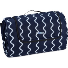 Bild von XXL Picknickdecke, 200x300 cm, Fleece Stranddecke, wärmeisoliert, wasserdicht, mit Tragegriff, dunkelblau/weiß