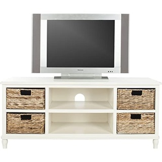 SAFAVIEH Modern Wooden Entertainment Stand with Storage, in Distressed and White, 40 X 120 X 50