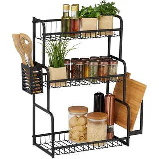 Relaxdays Küchenregal für Arbeitsplatte, 3 Ebenen, mit Brettchenhalter & Besteckhalter, Gewürzregal, Metall, schwarz