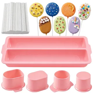 FrostyFlair Cake Pop Form, Cake Pop Maker & Ständer, Rundes Set mit 2 Kreis-Cuttern, 22.8cm Tablett und 100 Lollipop-Stielen für Desserts Zuhause, Pink