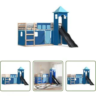 The Living Store Etagenbett mit Rutsche und Gardinen Blau 80x200 cm - Blau