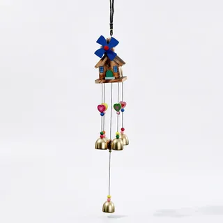 Handgemachtes Windspiel Holz mit Haus & Windmühle – Bunte Gartendeko zum Aufhängen, Windspiele für Draußen Hängend Terrasse Balkon Garten, Beruhigende Klangspiele Outdoor Deko (Blau)