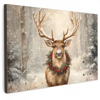 MuchoWow Leinwandbild Weihnachten - Rentier - Winter - Kranz Wanddeko 90x60 cm , Naturfarben , Textil , Kiefer , Rechteckig , 90x60 cm , FSC 100% , gerahmt , Bilder & Rahmen, Bilder, Leinwandbilder