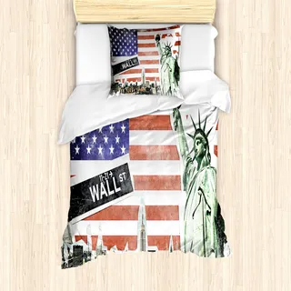 ABAKUHAUS Amerikanische Flagge Mantele, New York, Milbensicher Allergiker geeignet mit Kissenbezügen, 135 cm x 200 cm - 80 x 80 cm, Mehrfarbig