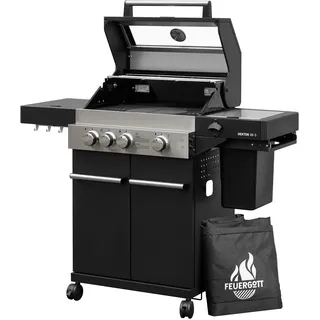 Feuergott Gasgrill Hektor 3B-S Edelstahl Gasgrillstation 3 Brenner, Infrarot Sear-Brenner, Gusseisen-Grillrost, Seitenkocher und Kochplatte Inkl. Abdeckhaube für Garten, Terrasse