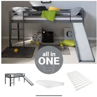 Homestyle4u Hochbett 90 x 200 cm Kiefer massiv grau