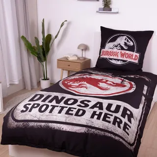 Jurassic World Bettwäsche Set 2-teilig mit Dinosaurier T-Rex Motiv Dino - Deckenbezug 135x200 cm und Kissenbezug 80x80 cm mit Reißverschluss - Mikrofaser, maschinenwaschbar, Öko-Tex Zertifiziert