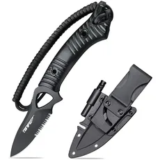 TONIFE Explorer Feststehendes Messer mit Scheide 8Cr14MoV Klinge Multifunktionales Überlebensmesser, Glasfaserverstärkter Nylongriff für Outdoor EDC Messer (Schwarz+Schwarz Titan mit Wellenschliff)