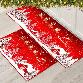 PORJDN Weihnachtsteppich Set Weihnachten Innenboden Roter Teppich, Xmas Türmatte Läufer Teppichmatte für Küche Heimdekor Waschbare Läufer. (Style A, 43x150+43x75cm)